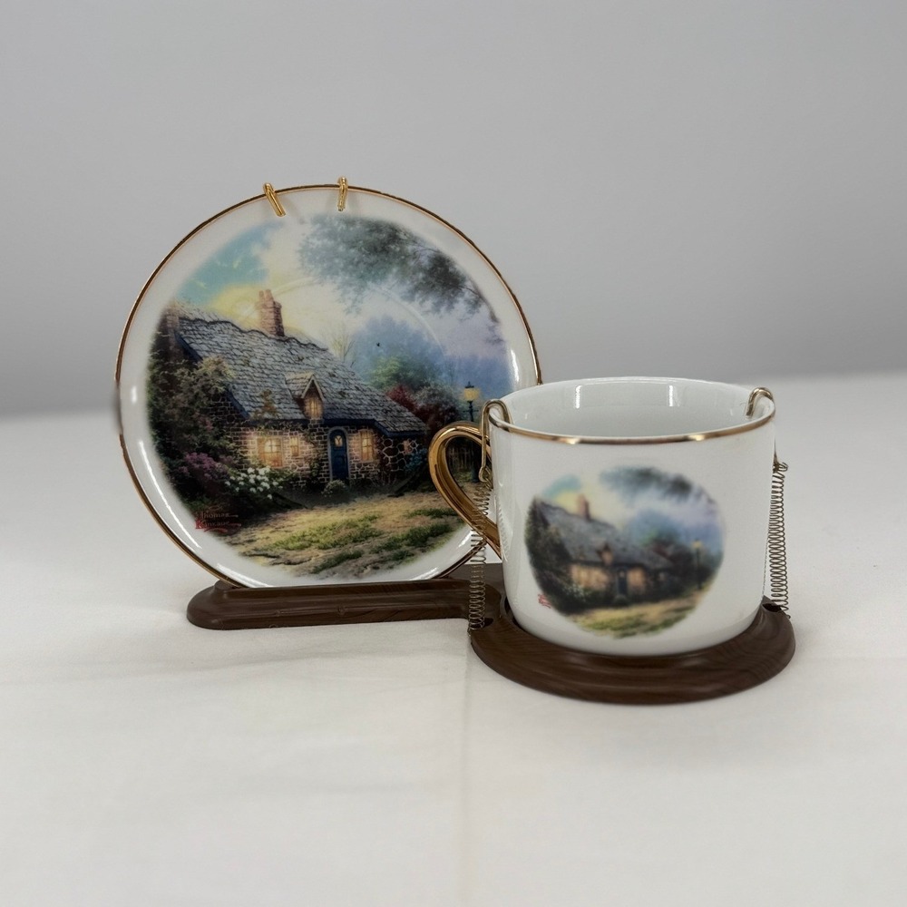 Thomas Kinkade Moonlight Cottage Teleflora Miniature Tea Cup Saucer Set Display - Picture 8 of 13